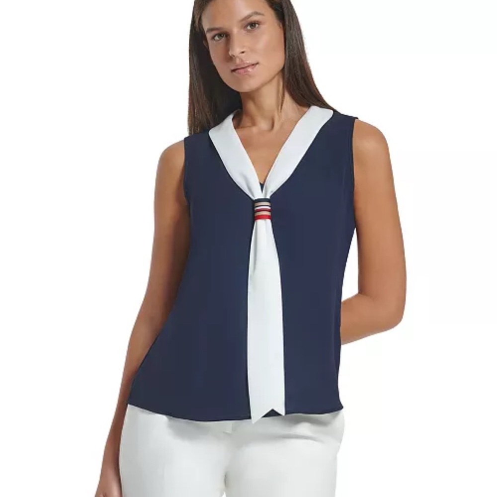 Tommy Hilfiger Navy and White V-Neck Blouse